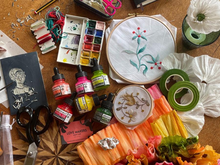 The Love Makers Cafe Regency Crafternoon materials messy flatlay