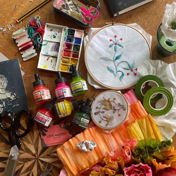 The Love Makers Cafe Regency Crafternoon materials messy flatlay